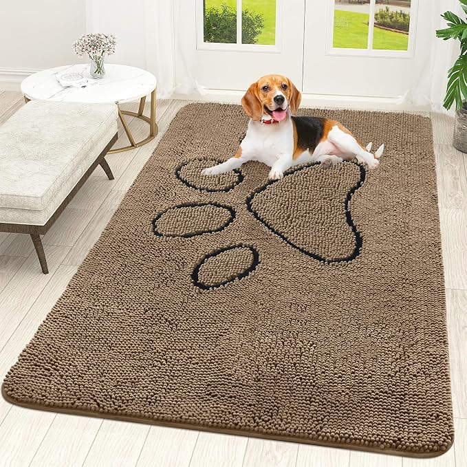 OLANLY Dog Door Mat for Muddy Paws 59x35, Paw Print Design Chenille Mud Mat | Tan, Super Absorbent, Traps Moisture and Dirt, Non-Slip Washable Doormat, Quick-Drying Indoor Entryway Floor Carpet for Dogs