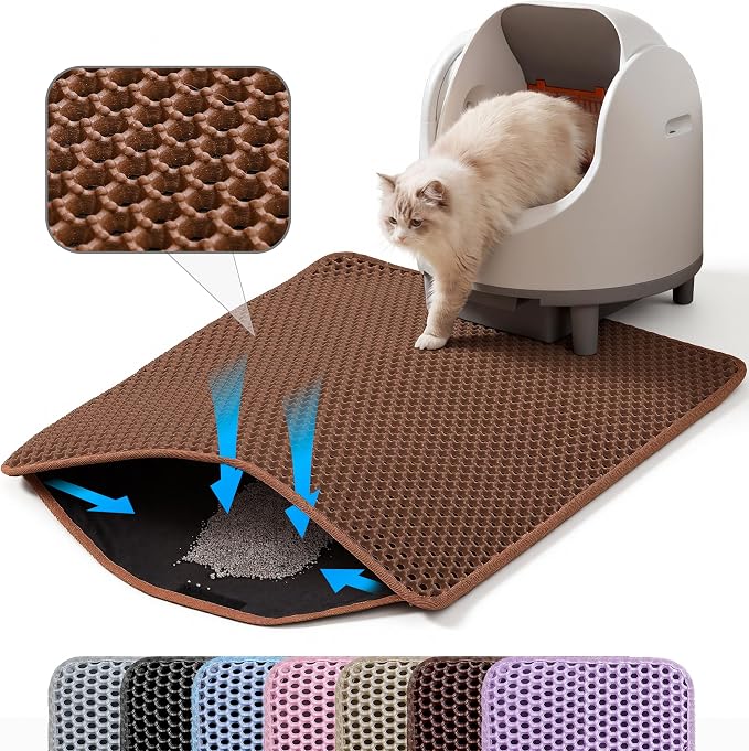 Cat Litter Mat, Double Layer Honeycomb Litter Box Mat | 24x18”, Efficient Litter Trapping, Easy to Clean, Waterproof, Non-Slip, Soft on Paws, Scratch Resistant, Brown, Large