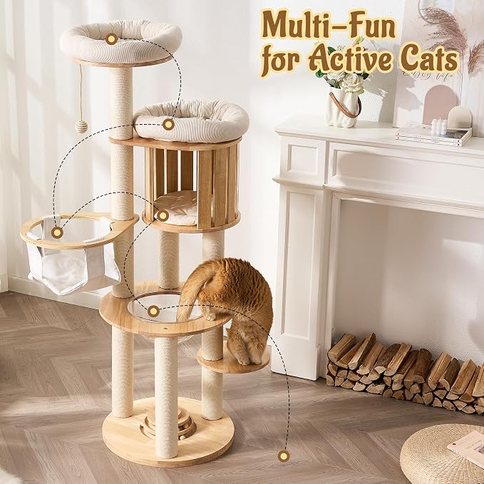 Modern Cat Tree Tower with Scratching Post, 61.5in Tall Cat Tree for Indoor Cats, Multi-Level Solid Wood Cat Furniture with Cozy Cat Beds, Condo, Hammock, Capsule Nest, Turntable Toy, Natural