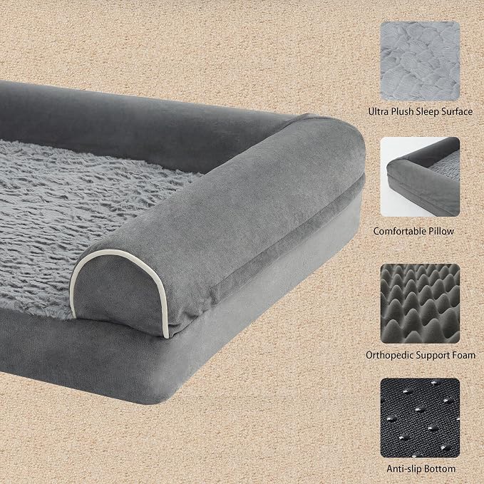 Orthopedic Plush U Shape Dog Bed,Large XL Sized Dog 42''X30''x7.5'' Soft Waterproof Egg Foam Pet Crate Beds Mat or Kennel Pads with Removable Washable Cover,Non-Slip Bottom,Grey