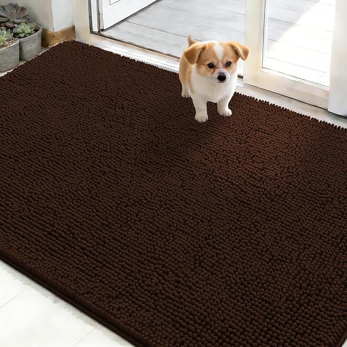 OLANLY Dog Door Mat for Muddy Paws 48x30, Super Absorbent Chenille Mud Mat | Brown, Absorbs Moisture and Dirt, Non-Slip Machine Washable Doormat, Quick-Drying Indoor Entryway Floor Carpet for Dogs