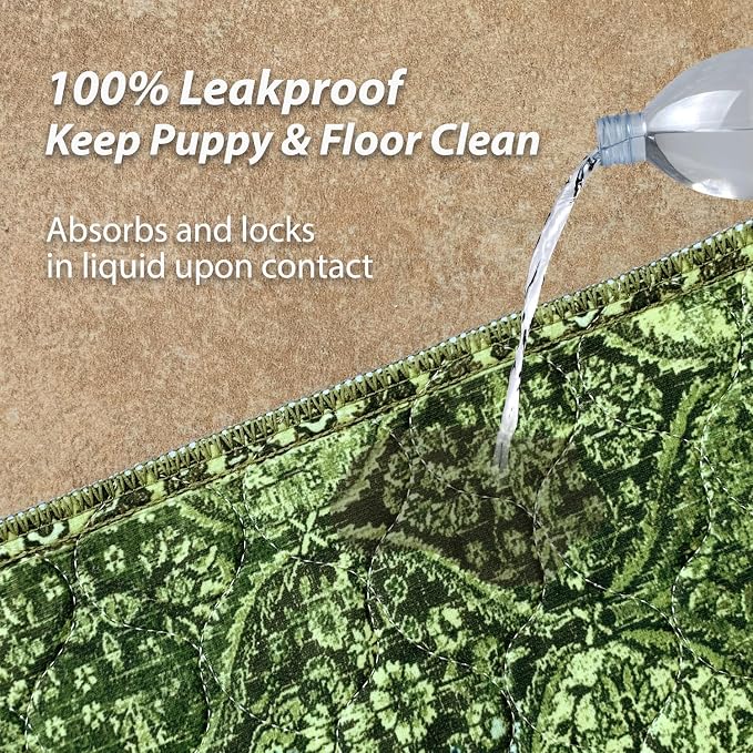 nunubaby Washable Pee Pads for Dogs, Stylish, Non-Slip and Leak-Proof Pee Pads. Reusable Potty Pads for Dogs for Crates and Floors.(Green/Multi,18" x24" )
