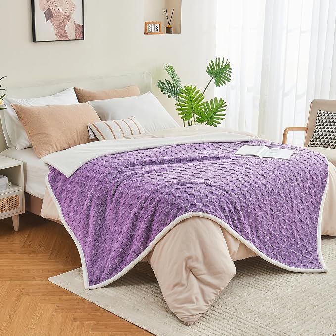 Checkered Waterproof Blanket for Bed Couch Sofa Car, Fluffy Soft Dog Blanket with 3D Jacquard Grid Pattern, Reversible Leakproof Pet Blankets for Dogs Cats Puppies, Dusty Purple, 50"x60"