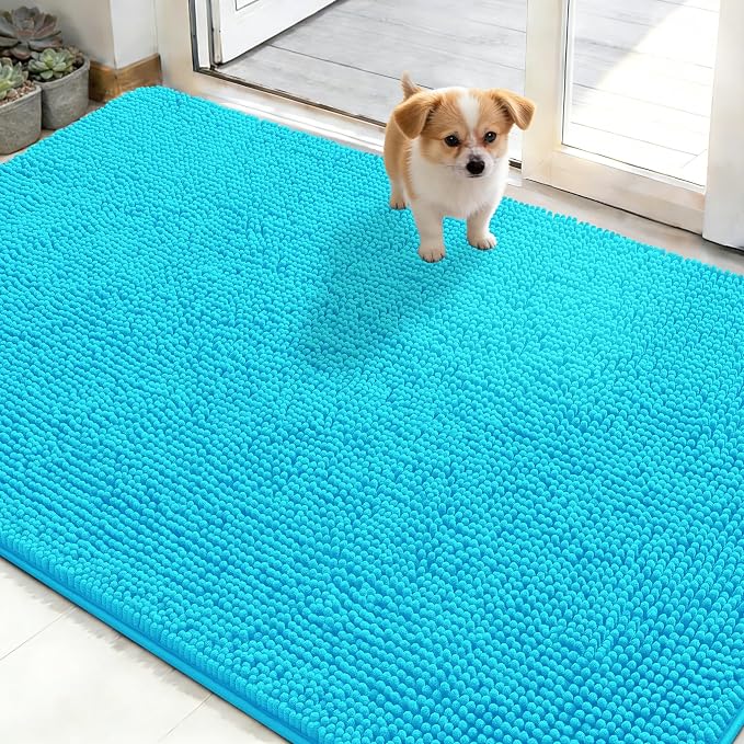 OLANLY Dog Door Mat for Muddy Paws 50x30, Super Absorbent Chenille Mud Mat | Aqua Blue, Absorbs Moisture and Dirt, Non-Slip Machine Washable Doormat, Quick-Drying Indoor Entryway Floor Carpet for Dogs