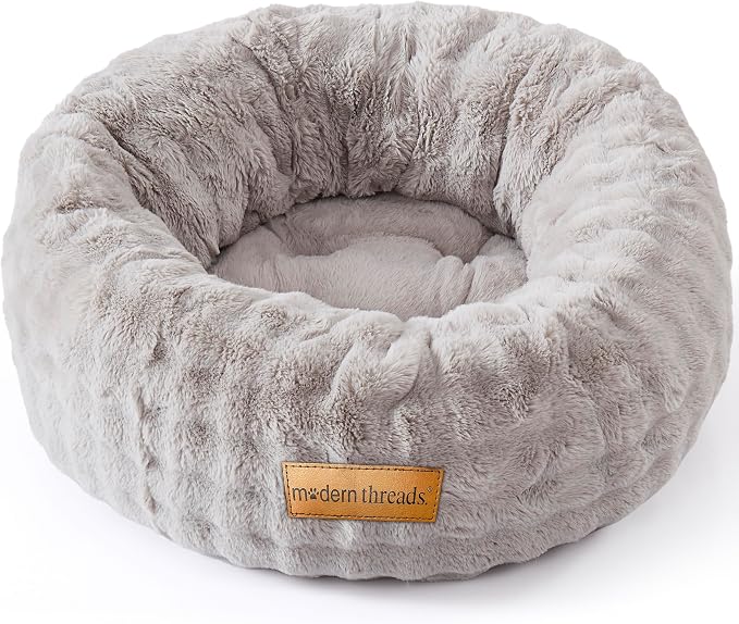 Modern Threads Calming Donut Dog Bed for Small Dogs, Plush Round Faux Fur Pet Bed with Raised Bolster, Soft Washable Dog Bed, 24x24x9, Gray