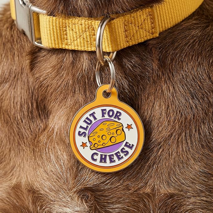 Bad Tags Personalized Dog and Cat ID Tags in 25+ Designs and 2 Sizes - 5 Lines of Custom Engraved Text - Funny Cute Personalized Pet Tags (Sl*t for Cheese, Large (1.25 inch))