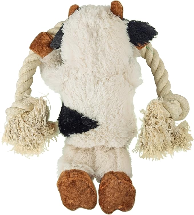 Native Pup Dog Toy Rope and Plush Stuffed Squeaker, Tug of War Toys for Dogs, Puppy Welcome Home Add on for Pets (Cow)
