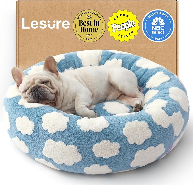 LE SURE Shown on TV Donut Dog Bed Medium Size Dog - Round Cat Beds Indoor as Bed Gift for Calming with Washable Cover, Cute Home Decor Bed with Jacquard Shaggy Plush & Anti Slip Bottom, 30 Inch, Blue