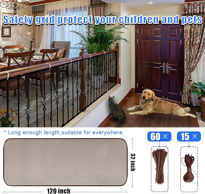 Baby Gate for Stairs, Banister Guard for Kids, Pets, Toys, 10ft L x 2.6 ft H, Mesh Netting Safety Net for Balcony Rail Stair, Stairway Net Baby Safety Products for Indoor & Outdoor (Brown)