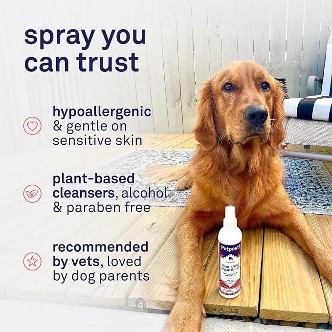 Petpost | Waterless Argan Oil Dog Shampoo Spray. Rinse-Free Cleaner & Deodorizer with Aloe & Safflower Oil. Moisturizes Skin & Softens Coat. 8 oz