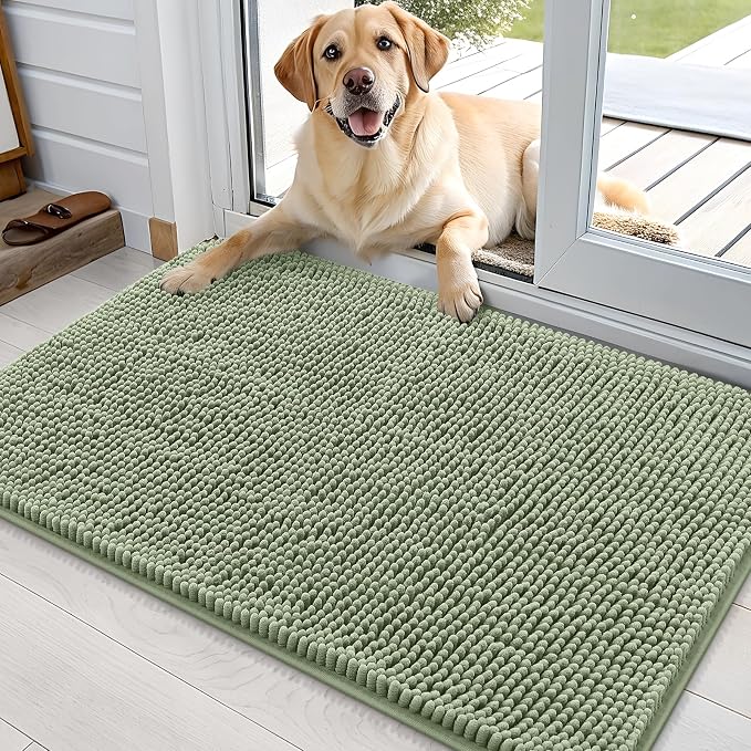 OLANLY Dog Door Mat for Muddy Paws 35x24, Super Absorbent Chenille Mud Mat | Sage Green, Absorbs Moisture and Dirt, Non-Slip Machine Washable Doormat, Quick-Drying Indoor Entryway Floor Carpet for Dogs