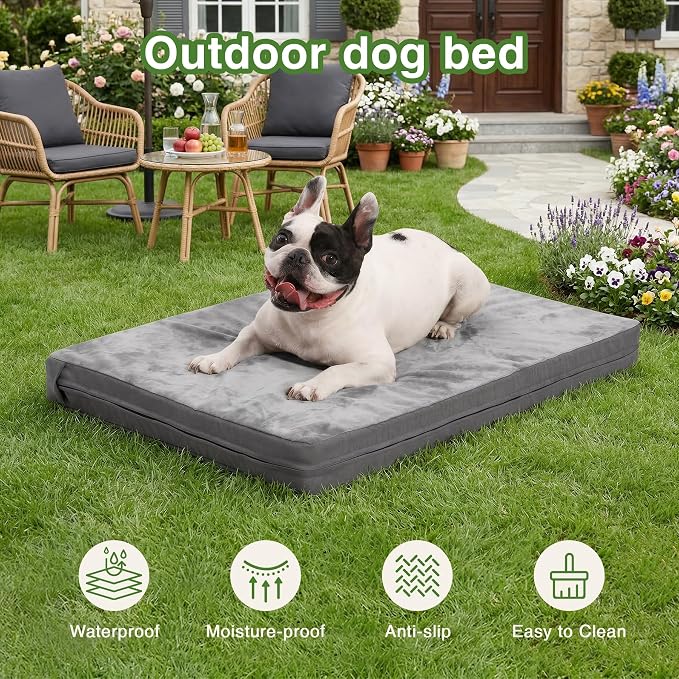 Waterproof Small Dog Bed Crate Pad 24 inch, Outdoor Washable Puppy Bed Orthopedic with Removable Cover Reversible, Foam Cat Bed Kennel Pad 23" x17, Durable Anti-Slip Bottom, Gray