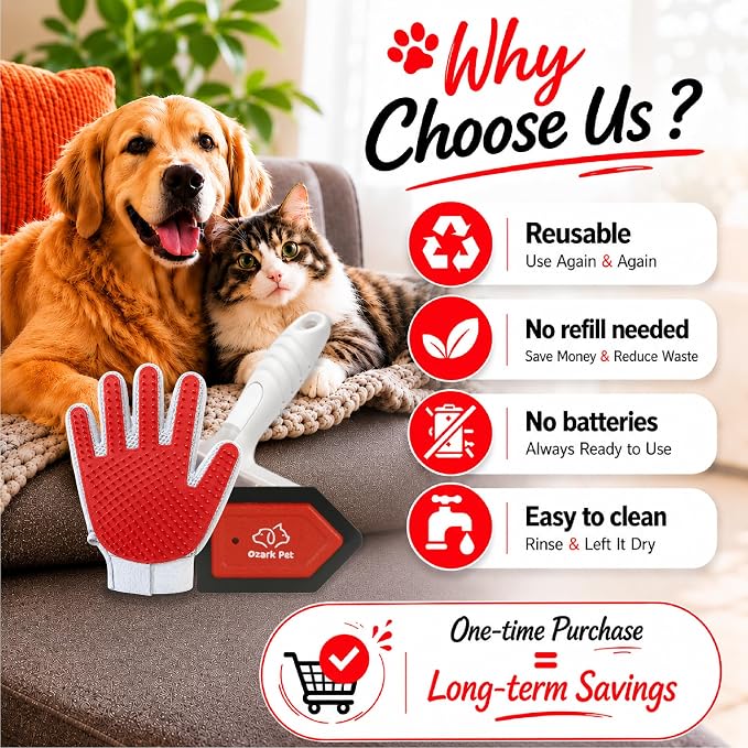 Pet Hair Removal for Home & Car 3-in-1 – Reusable Dog & Cat Removal Kit with Pet Tool, Glove, Mini Detail Cleaning & Furniture Hair Remover for Couch, Upholstery & Car Seats (Red, Combo 3-in-1)