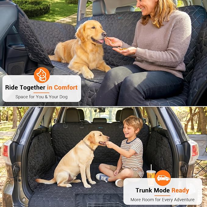 Meginc Dog Car Seat Cover for Back Seat, 56" Waterproof Dog Car Hammock with Mesh Window and Side Flaps, 600D Oxford Fabric Pet Seat Protector for Cars, SUVs & Mid-Size Trucks, Black