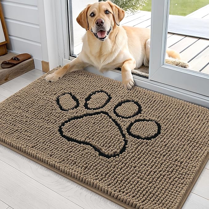 OLANLY Dog Door Mat for Muddy Paws 36x24, Paw Print Design Chenille Mud Mat | Tan, Super Absorbent, Traps Moisture and Dirt, Non-Slip Washable Doormat, Quick-Drying Indoor Entryway Floor Carpet for Dogs