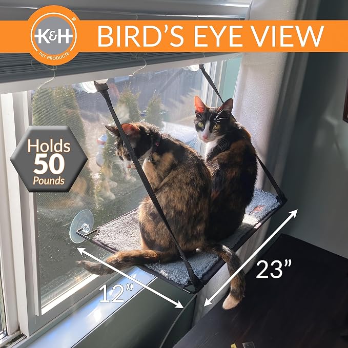 K&H Cat Window Perch, EZ Mount Kitty Sill - Fits 27in Wx23in H Glass Spaces | Sturdy Cat Window Hammock Bed, Steel Frame, Sturdy Suction Cups, Washable Shelf Cover, Foldable, 23x12in, Gray