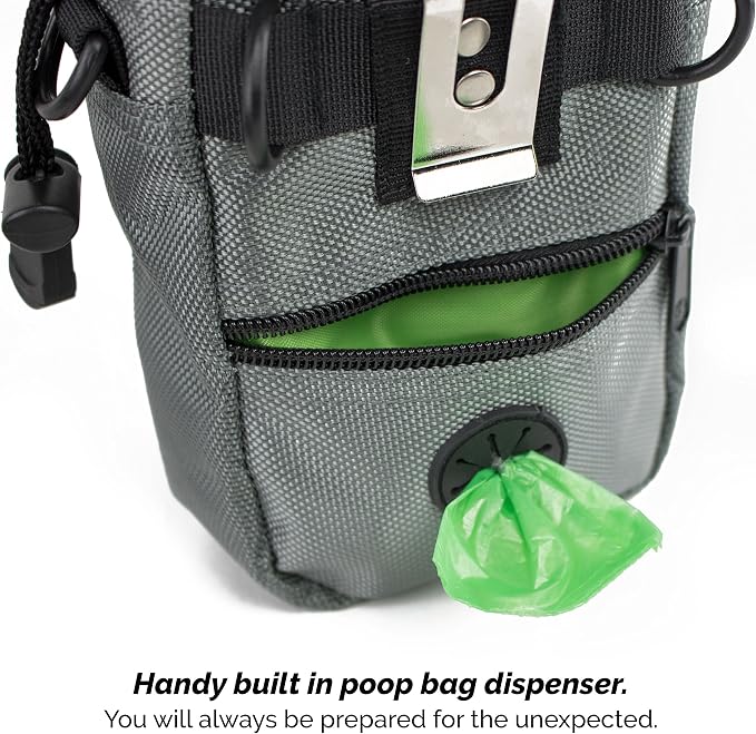 Dog Treat Pouch for Training with Poop Bag Dispenser | Adjustable Waist Belt, Metal Clip, Holds Treats Kibble and Accessories, Includes Pet Waste Bags