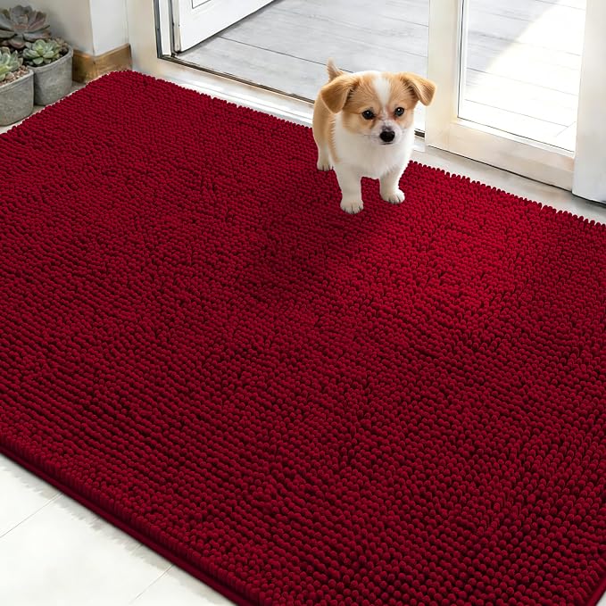 OLANLY Dog Door Mat for Muddy Paws 50x30, Super Absorbent Chenille Mud Mat | Red, Absorbs Moisture and Dirt, Non-Slip Machine Washable Doormat, Quick-Drying Indoor Entryway Floor Carpet for Dogs