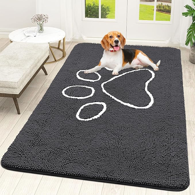 OLANLY Dog Door Mat for Muddy Paws 70x46, Paw Print Design Chenille Mud Mat | Dark Grey, Absorbent, Traps Moisture and Dirt, Non-Slip Washable Doormat, Quick-Drying Indoor Entryway Floor Carpet for Dogs