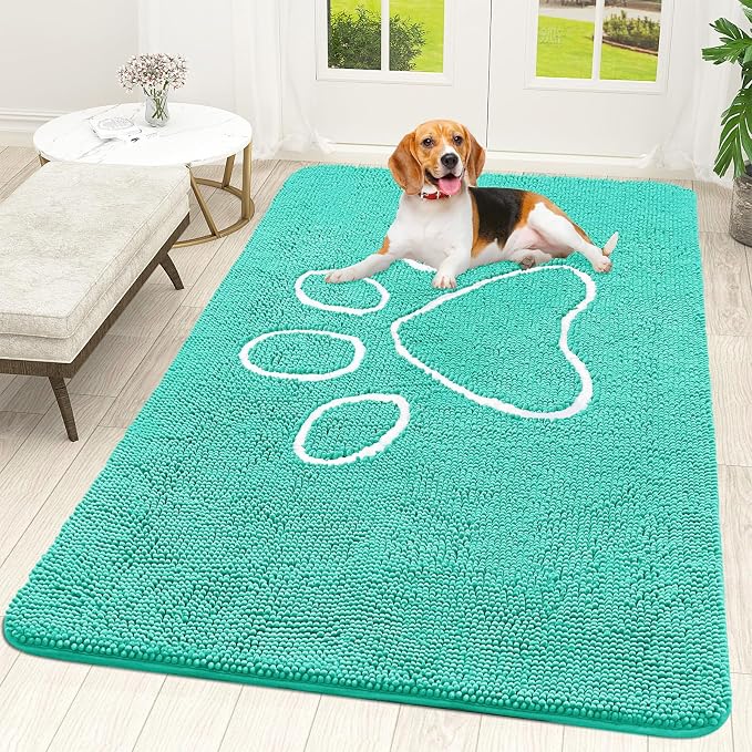 OLANLY Dog Door Mat for Muddy Paws 59x35, Paw Print Design Chenille Mud Mat | Teal, Super Absorbent, Traps Moisture and Dirt, Non-Slip Washable Doormat, Quick-Drying Indoor Entryway Floor Carpet for Dogs