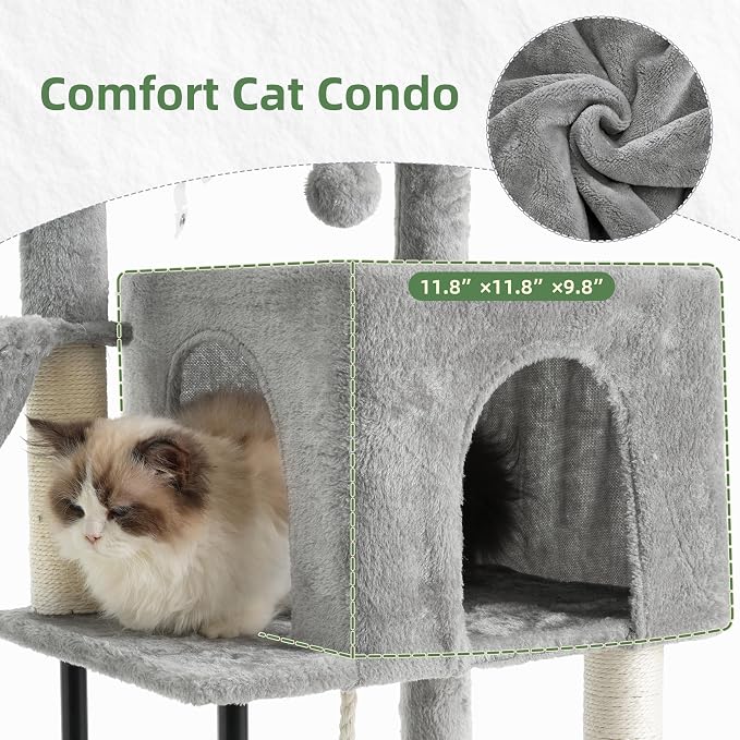 Cat Tree, 43.3'' Cat Tower with Hammock for Kittens GCT004SW | Cat Condo House for Small Indoor Cats, Basket, Scratching Post, Large Platform, Sturdy Steel Tube, Sisal Rope, Light Gray