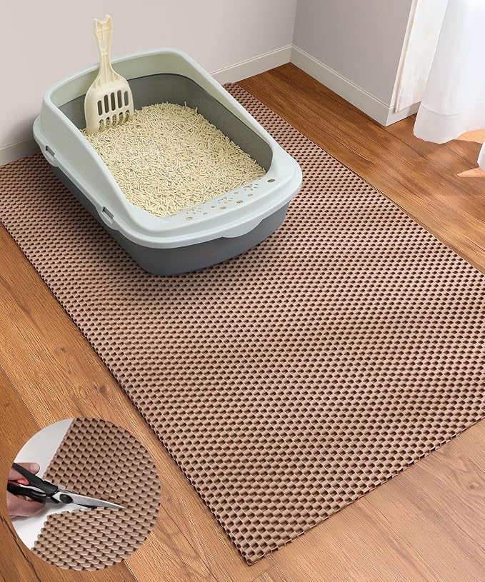 Cooyes Cat Litter Mat - Cut to Fit Any Place, 35"x23" Large Litter Trapping Mat for Litter Box, Easy to Clean, Waterproof & Non-Slip Kitty Pad, Scatter Control to Protect the Floor (Khaki)