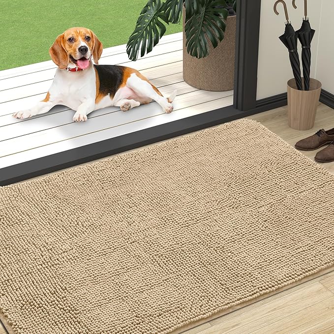 OLANLY Dog Door Mat for Muddy Paws 47x32, Super Absorbent Chenille Mud Mat | Beige, Absorbs Moisture and Dirt, Non-Slip Machine Washable Doormat, Quick-Drying Indoor Entryway Floor Carpet for Dogs