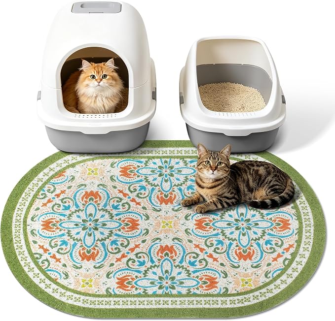 Cat Litter Mat, 33"x22" High Density PVC Litter Trapping Mat, Non-Slip, Waterproof & Urine-Proof Litters Catcher Mats, Keep Floor Clean, Soft on Kitten Paws, Cat Essentials Bean Green