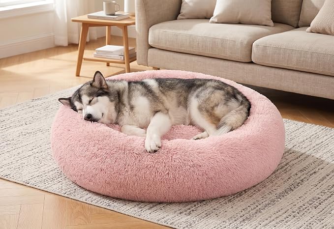 SAVFOX 36 inches Calming Donut Dog Bed - 3X Durable Plush Faux Fur, Machine Washable & Non-Slip, Fits up to 100 lbs, Pink