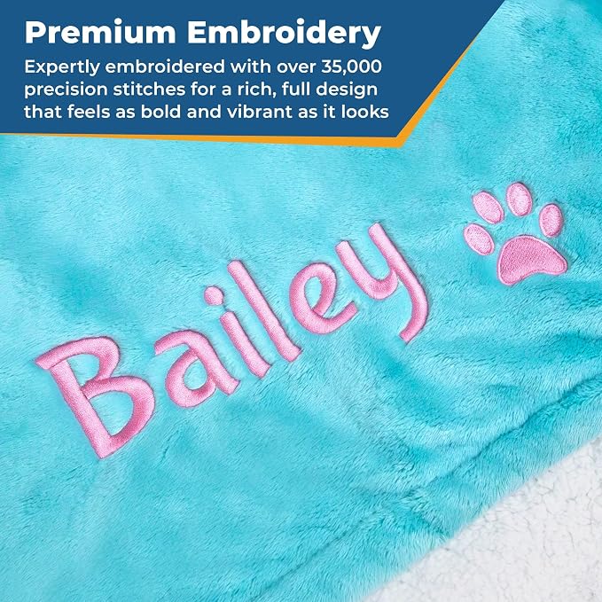 GoTags Personalized Premium Fluffy Dog Blanket, Super Soft Sherpa Fleece Blanket for Pets with Custom Embroidered Name and Paw, Large (40x30 inch), Navy Blue
