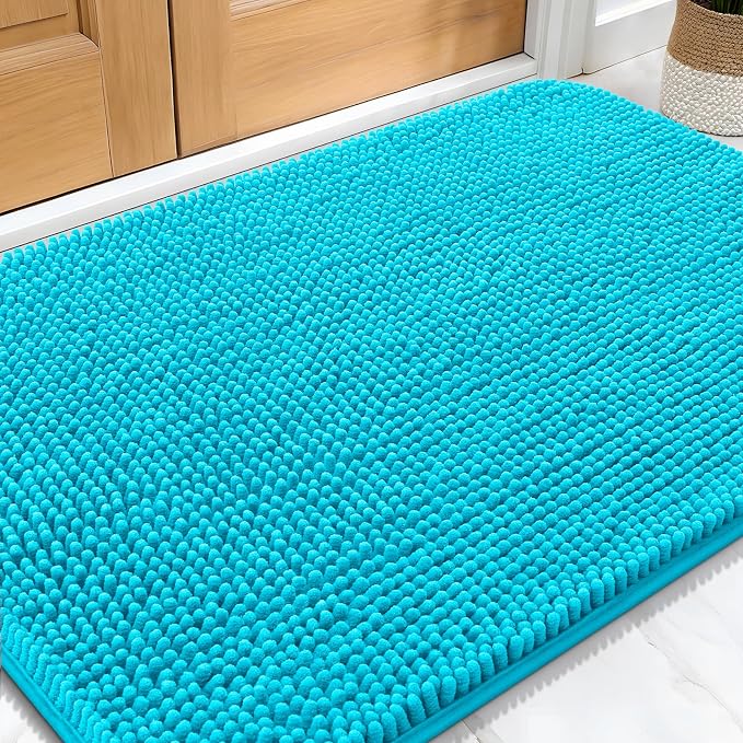 OLANLY Dog Door Mat for Muddy Paws 34x21, Super Absorbent Chenille Mud Mat | Aqua Blue, Absorbs Moisture and Dirt, Non-Slip Machine Washable Doormat, Quick-Drying Indoor Entryway Floor Carpet for Dogs