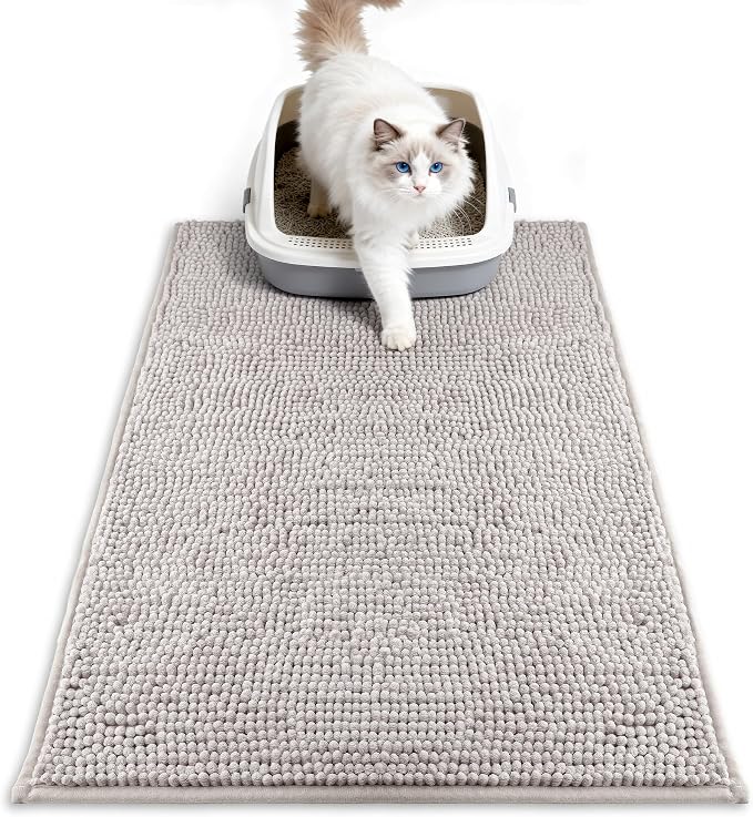 Pieviev Soft Chenille Cat Litter Box Mat, Ultra Absorbent, 28'' x 22'' | Long Plush Chenille Traps Cat Deeply, Waterproof Tpr Anti-Slip Backing, Absorbs Moisture, Machine Washable Cat Mat