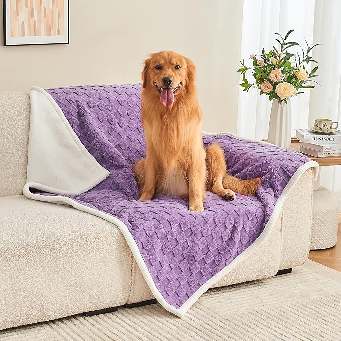 Checkered Waterproof Blanket for Bed Couch Sofa Car, Fluffy Soft Dog Blanket with 3D Jacquard Grid Pattern, Reversible Leakproof Pet Blankets for Dogs Cats Puppies, Dusty Purple, 50"x60"