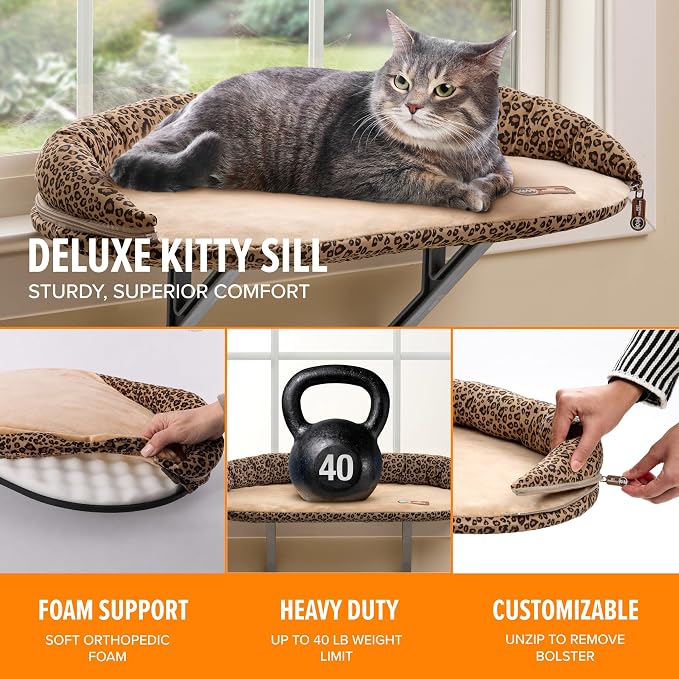 K&H Cat Window Perch, Deluxe Kitty Sill with Bolster, 24x14in, Tan/Leopard | Cat Window Hammock Bed, Orthopedic Window Bed Holds 40 lbs, Washable Cover, Indoor Windowsill Furniture