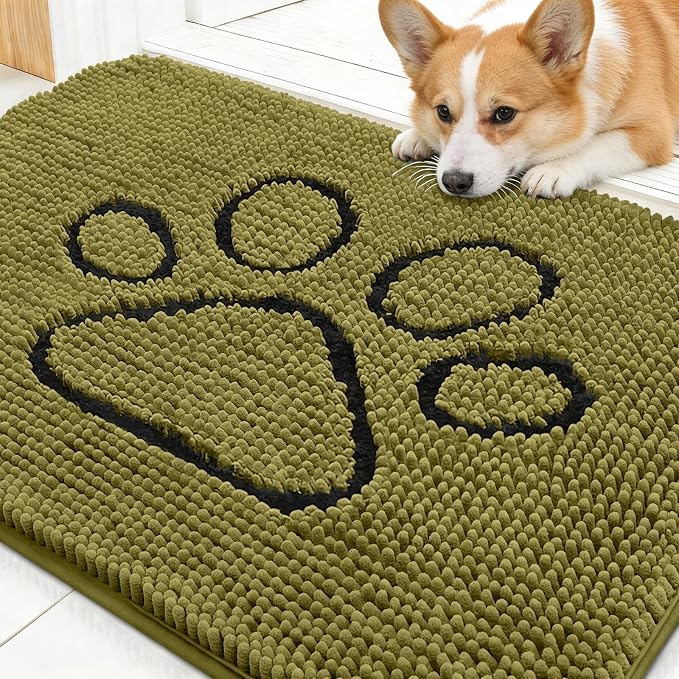 OLANLY Dog Door Mat for Muddy Paws 30x20, Paw Print Design Chenille Mud Mat | Willow Green, Absorbent, Traps Moisture and Dirt, Non-Slip Washable Doormat, Quick-Dry Indoor Entryway Floor Carpet for Dogs