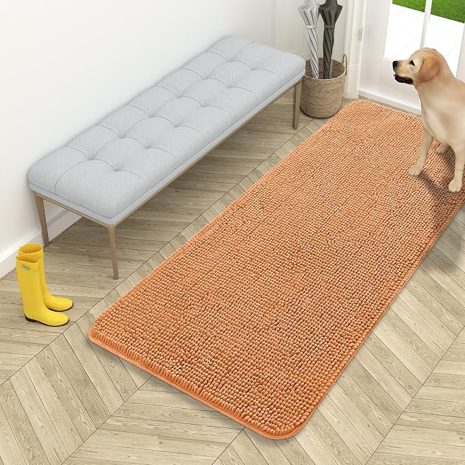 OLANLY Dog Door Mat for Muddy Paws 54x24, Super Absorbent Chenille Mud Mat | Orange, Absorbs Moisture and Dirt, Non-Slip Machine Washable Doormat, Quick-Drying Indoor Entryway Floor Carpet for Dogs