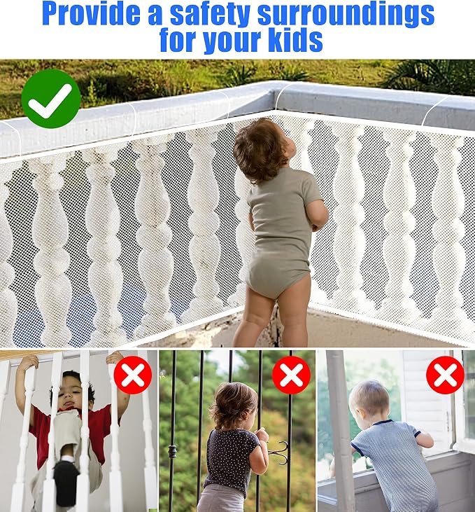 Baby Gate for Stairs, Banister Guard for Kids, Pets, Toys, 32.8ft L x 2.66 ft H, Mesh Netting Safety Net for Balcony Rail Stair, Stairway Net Baby Safety Products for Indoor & Outdoor (White)