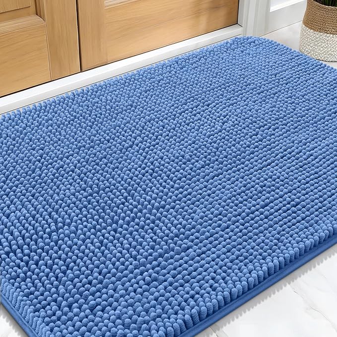 OLANLY Dog Door Mat for Muddy Paws 32x20, Super Absorbent Chenille Mud Mat | Cornflower Blue, Absorbs Moisture and Dirt, Non-Slip Machine Washable Doormat, Quick-Drying Indoor Entryway Carpet for Dogs