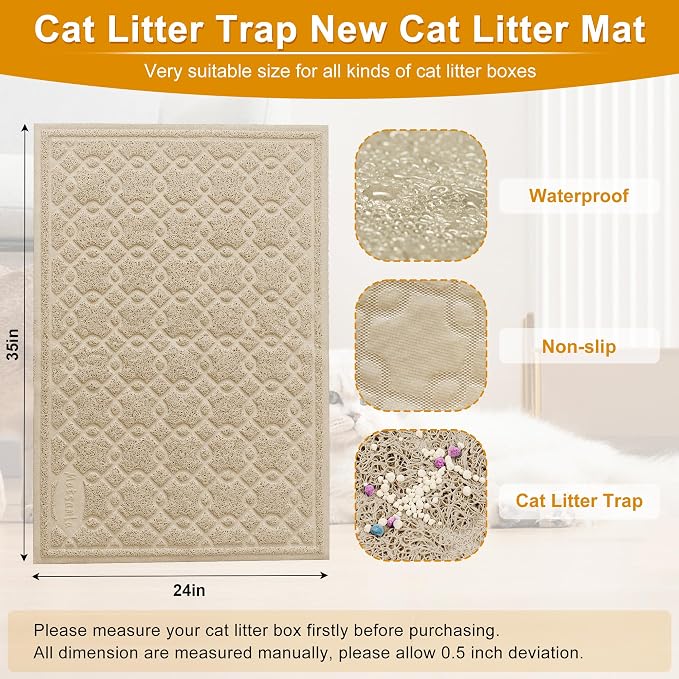 Cat Litter Box Mat, 35" x 24" Large Kitty Litter Trapping Mat Keep Floor Clean, Litter Box Mat Scatter Control, Waterproof, Easy to Clean, Durable Large Size Litter Mats for Floor