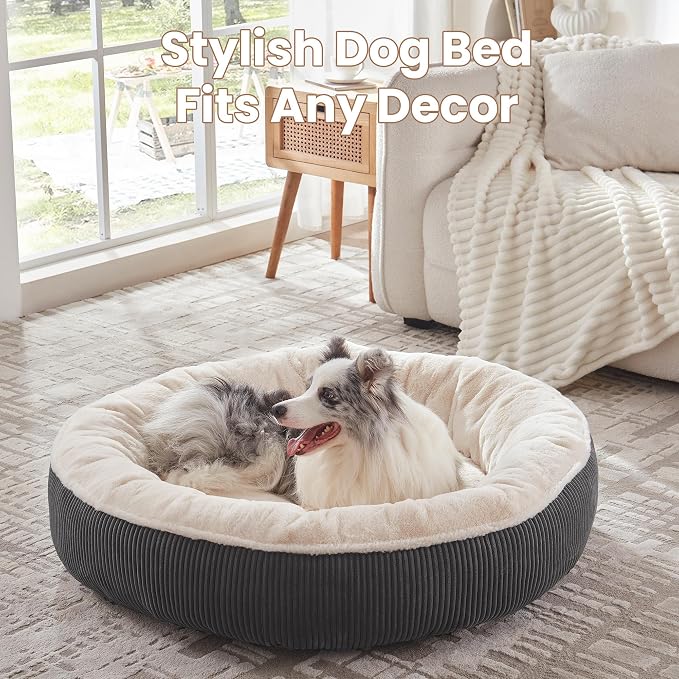 45 inches Donut Dog Bed for Extra Large Dogs,Calming Round Pet Bed with Removable & Washable Cover, Plush Faux Fur & Corduroy, Fits up to 100 lbs Pets(Dark Grey,XL)