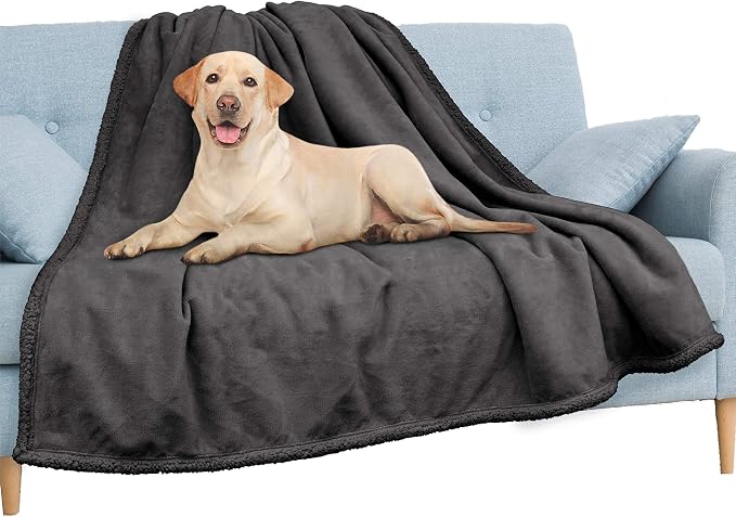 Pavilia Waterproof Couch Blanket | Dog & Cat Blanket Protector | Plush Soft Warm Fuzzy Sherpa Throw, Dark Grey, 60x80