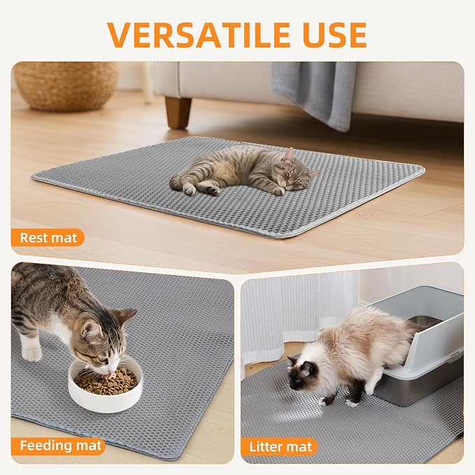 Cat Litter Mat 47"x33" Urine-Proof XL Litter Mat for Litter Box Mat | Large Double Layer Honeycomb Cat Mat, Soft kitty Cat Litter Trapping Mat, Easy Clean Rinse with Water Litter Trapping Grey