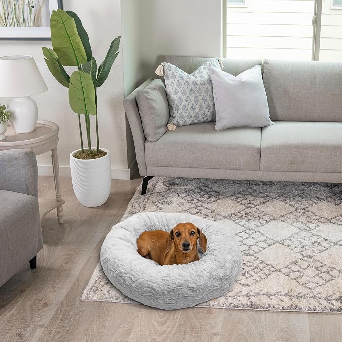 Best Friends by Sheri The Original Calming Donut Dog Bed for Small Dogs up to 25 lbs, Lux Faux Fur, Gray, 23" x 23"