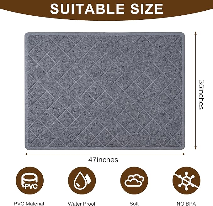 Cat Litter Box Mat,47 x 35 In,Trapping Mat Premium Durable PVC Pad,Grey | Easy to Clean，Non-Slip，Urine Waterproof