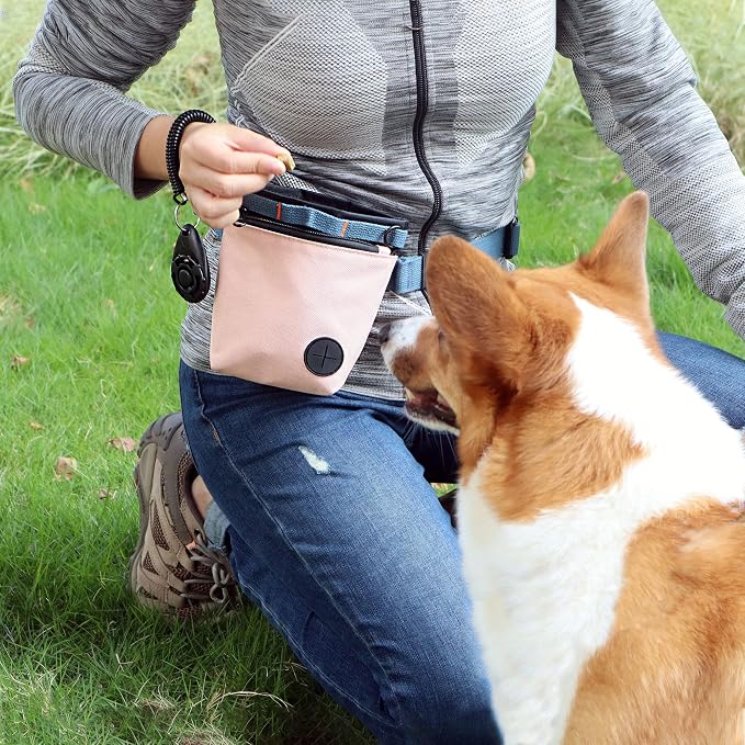 Dog Treat Pouch with Pet Training Clicker, Dog Training Treat Pouch Kit, Magnetic Closure, Hands-Free Training (Pink)