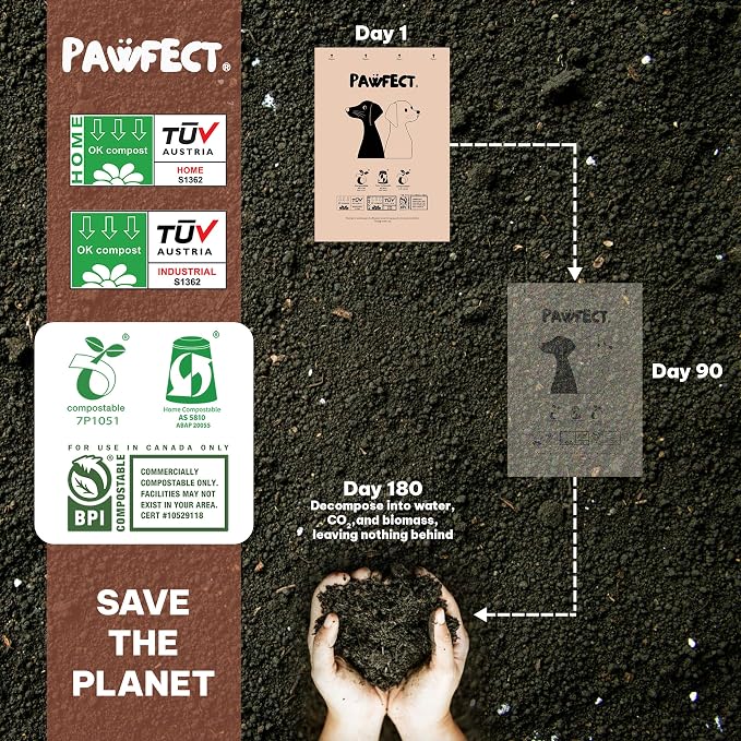Pawfect Dog Poop Bags Rolls – Biodegradable Poop Bags, Compostable Dog Waste Bags, BPI Certified Pet Waste Bags, Unscented, Large, Puppy Poo, Earth Friendly, Bolsas Para Perros Popo (240 Counts)