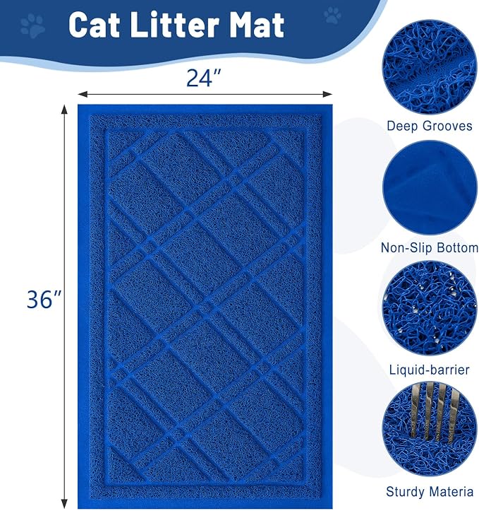 Smiry Cat Litter Box Mat 36x24, Non-Slip Water Resistant Litter Trapping Mat, Easy Clean Less Waste and Urine-Locking Cat Carpet for Indoor, Blue