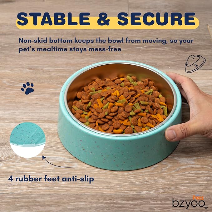 bzyoo 32oz 4CUP Dog & Cat Bowl, Sprinkle Design, Hygienic 304 Stainless Steel Pet Bowl with Removable Inner Bowl, Non-Slip Silicone Base, Dishwasher Safe, for Dry/Wet/Raw Food & Water (Green)