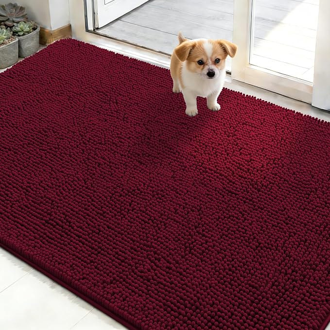 OLANLY Dog Door Mat for Muddy Paws 50x30, Super Absorbent Chenille Mud Mat | Burgundy, Absorbs Moisture and Dirt, Non-Slip Machine Washable Doormat, Quick-Drying Indoor Entryway Floor Carpet for Dogs