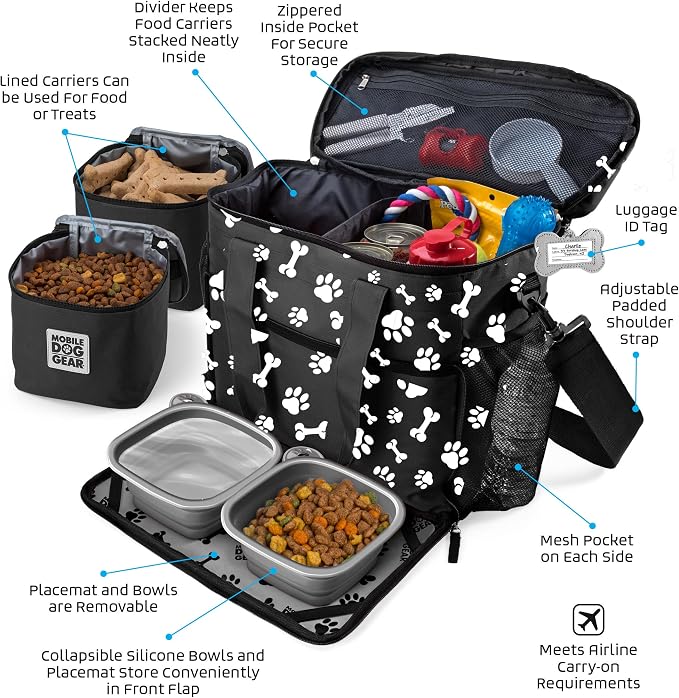 Week Away Dog Travel Bag (15"x7"x14", Paw Print) - Includes 2 Pet Food Storage Containers + 2 Collapsible Dog Water Bowls - Airline Approved Travel Accessories, Great for Weekend Trips